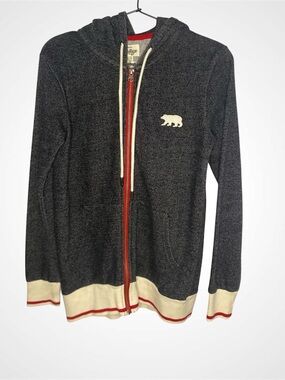 Hatley Charcoal Zip-Up Hoodie Sweater with Cream Trim and Red Accents